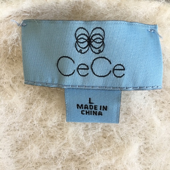 Cece 3d Flower rosette petal neckline white beige eyelash furry Fuzzy sweater - Picture 4 of 9